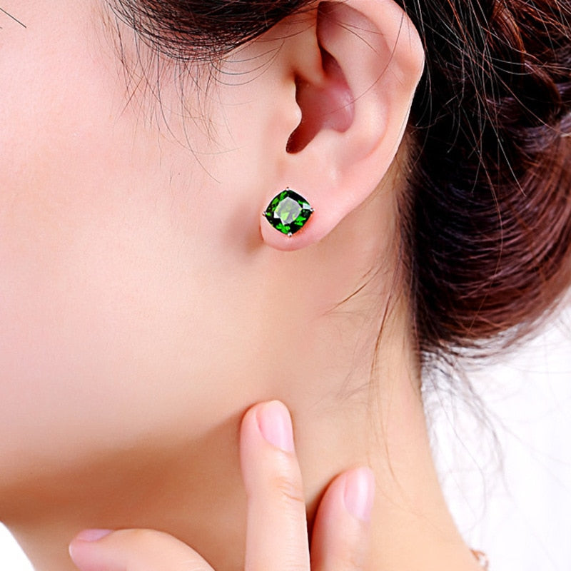 HuiSept Women Earrings Silver 925 Jewelry Square Shape Emerald Gemstone Stud Earrings for Women Wedding Party Gift Accessories