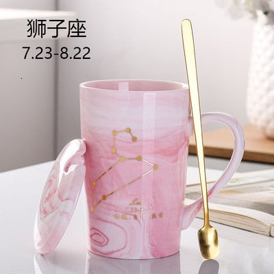 Natural Marble 12 Constellation Ceramic Pink Zodiac Mug With Lid Coffee Mugs Creative Personality Cup 380ml Cups And Mugs Xicara