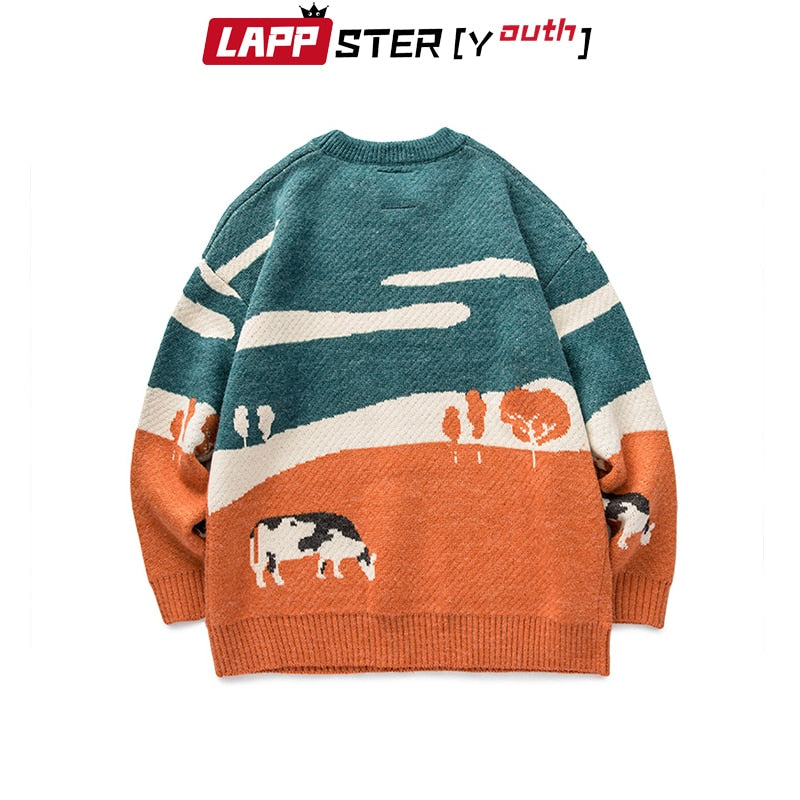 LAPPSTER-Youth Men Cows Vintage Winter Sweaters 2022 Pullover Mens O-Neck Korean Fashions Sweater Women Casual Harajuku Clothes