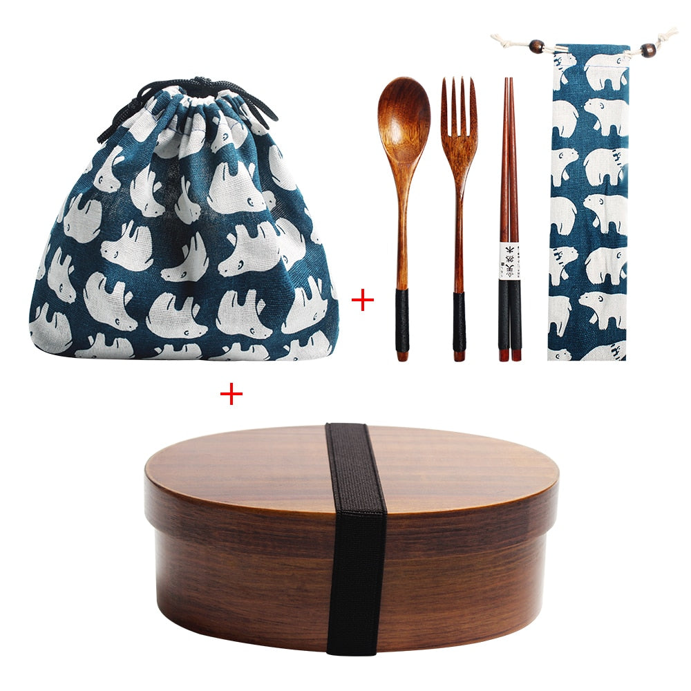 Wooden Lunch Box Picnic  Japanese Bento Box for School Kids Dinnerware Set with Bag&amp;Spoon Fork Chopsticks Round Square Lunch Box