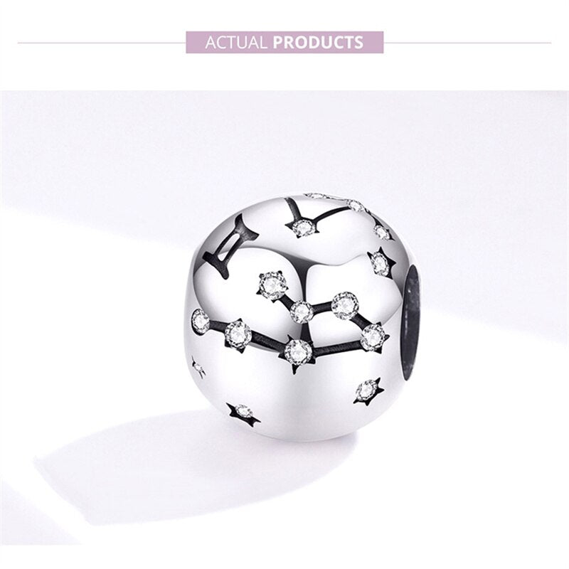 WOSTU 925 Sterling Silver Constellation Zodiac Bead Charm Aquarius Star Sign Fit Original Bracelet Women DIY Jewelry Party Gift