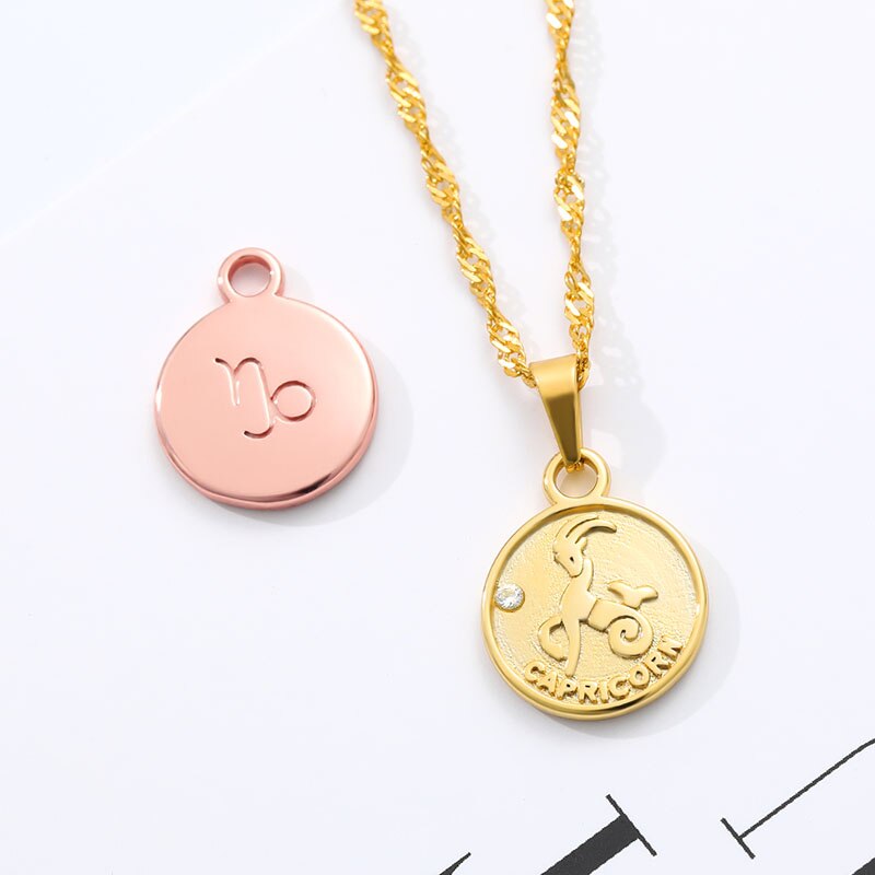 Round Coin Pendant Zodiac Sign Stainless Steel Minimalism Jewelry For Women Girl Aquarius Pisces Sagittarius Necklaces BFF