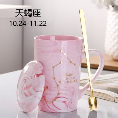 Natural Marble 12 Constellation Ceramic Pink Zodiac Mug With Lid Coffee Mugs Creative Personality Cup 380ml Cups And Mugs Xicara