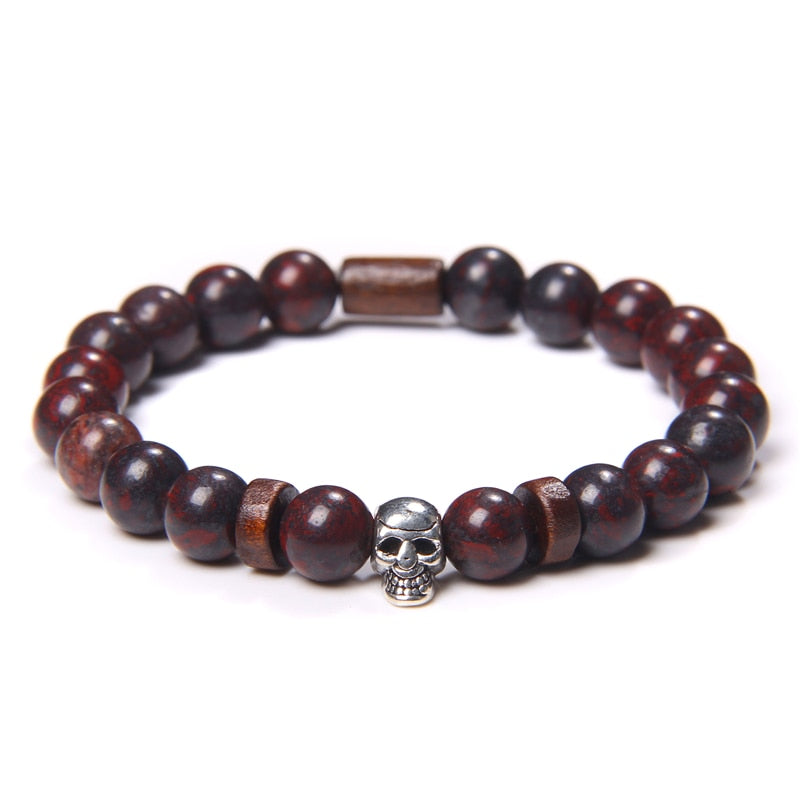 Skull Bracelets For Men Women Natural Stone Tiger Eye Bracelet Malachite Labradorite 8MM Beads Stretch Bangles Punk Jewelry