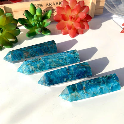 Natural Healing Crystal Blue Apatite Single Point Wand Reiki Polished Gemstone Hexagonal Obelisk Column Home Desk Decoration