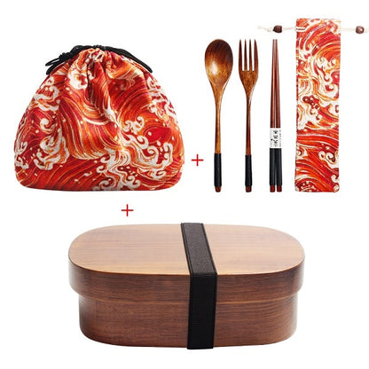 Wooden Lunch Box Picnic  Japanese Bento Box for School Kids Dinnerware Set with Bag&amp;Spoon Fork Chopsticks Round Square Lunch Box