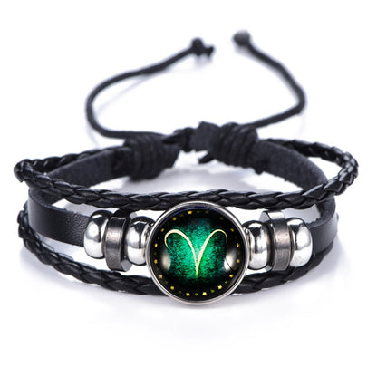 DropShipping Gemini Cancer Leo Virgo Libra Scorpio 12 Constellation Black punk Leather Bracelet Zodiac Bracelet for Men Women