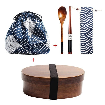 Wooden Lunch Box Picnic  Japanese Bento Box for School Kids Dinnerware Set with Bag&amp;Spoon Fork Chopsticks Round Square Lunch Box