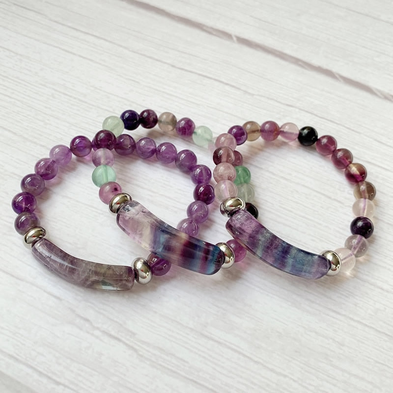 Natural Stone Strand Beads Bracelet Reiki Healing Amethysts Purple Green Fluorite Quartz Crystal Rectangle Bar Charms Bracelets