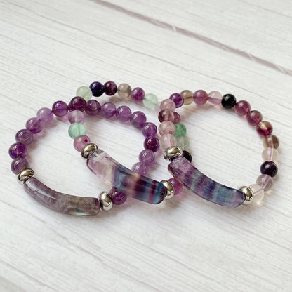 Natural Stone Strand Beads Bracelets Reiki Healing Amethysts Purple Green Fluorite Quartz Crystal Rectangle Bar Charms Bracelets