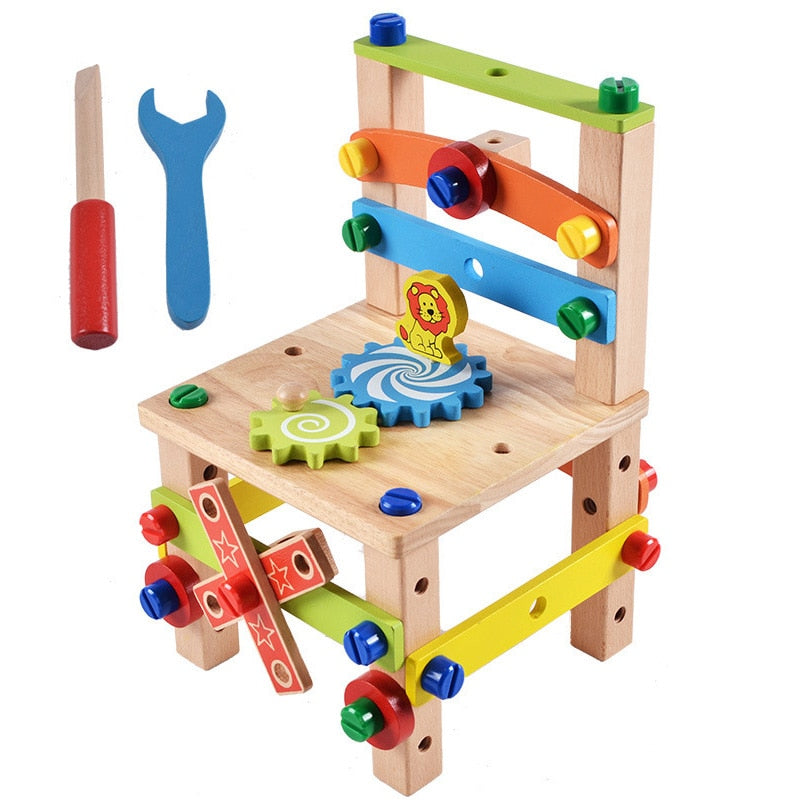 Wooden Assembling Chair Montessori Toys Baby Educational Wooden Blocks Toy Preschool Children Variety Nut Combination Chair Tool