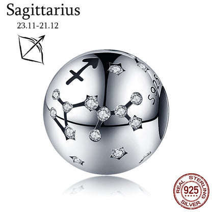 WOSTU 925 Sterling Silver Constellation Zodiac Bead Charm Aquarius Star Sign Fit Original Bracelet Women DIY Jewelry Party Gift