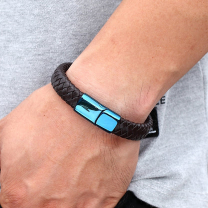 XQNI Classic Luxury Blue Color Leather Combination Stitching Blue Color Simple Buckle For Stainless Steel Leather Men&#39;s Bracelet