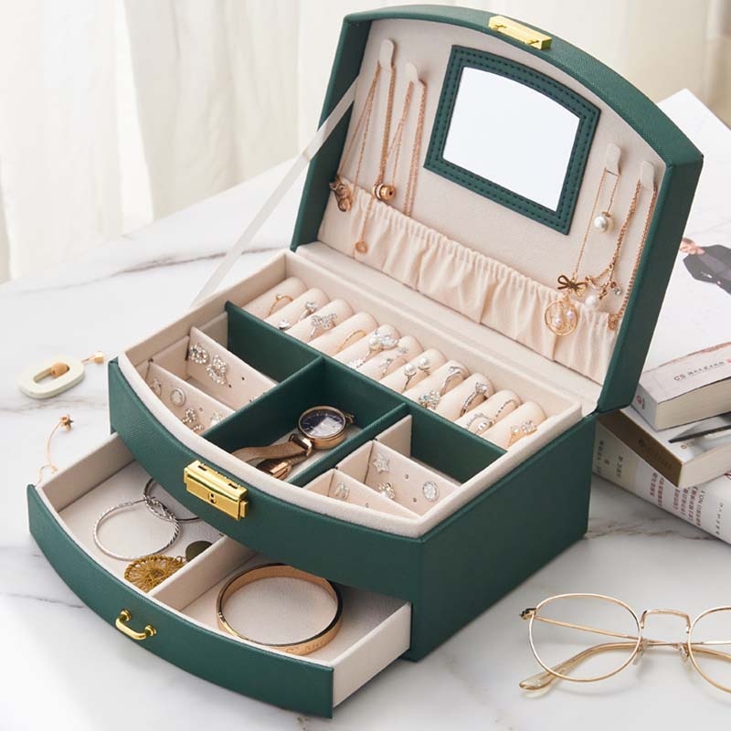 Women&#39;s Jewelry Box Travel Jewelry Case  Organizer Display With Mirror Leather Gift Boxes For Women