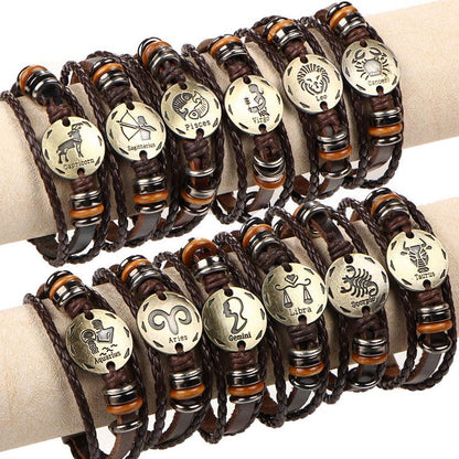 Vintage 12 Constellations Bracelet for women Fashion Jewelry Leather Bracelet Men Zodiac Signs Punk Bracelet charm lovers