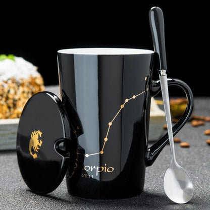 Ceramic Mugs 12 Constellations Creative Mugs With Spoon Lid Black Mug Porcelain Zodiac Milk Coffee Cup Drinkware Couples Gift