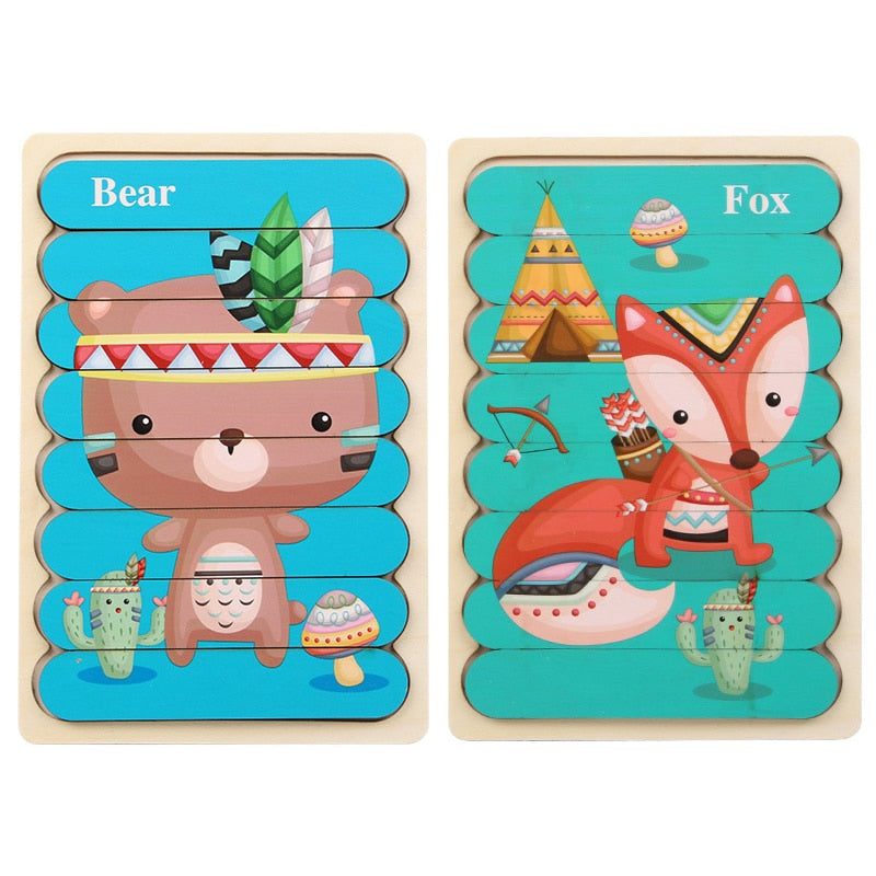 Double Sides Wooden Puzzle Kids Toys For Children Montessori Learning Puzzle Animal Fruits Jigsaw Early Edcuational Toys Gift