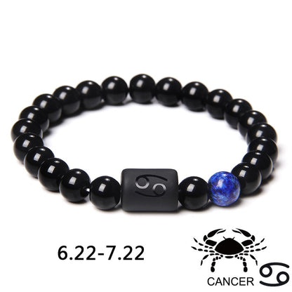 12 Constellation Zodiac Signs Beads Couples Bracelet Natural Black Onyx Stone Elastic Charm Bracelet for Women Men Birthday Gift