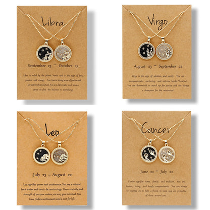 Fashion 12 Constellation Necklace For Women 2 PCS/Set Zodiac Sign Coin Chain Pendant Choker Birthday Couple Jewelry Charm Gifts