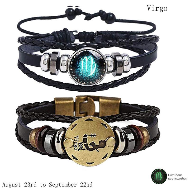 2pcs 12 Constellation Bracelet  Zodiac Sign Black Braided Leather Bangle Aries Leo Libra Luminous Dome Jewelry Punk Men Bracelet