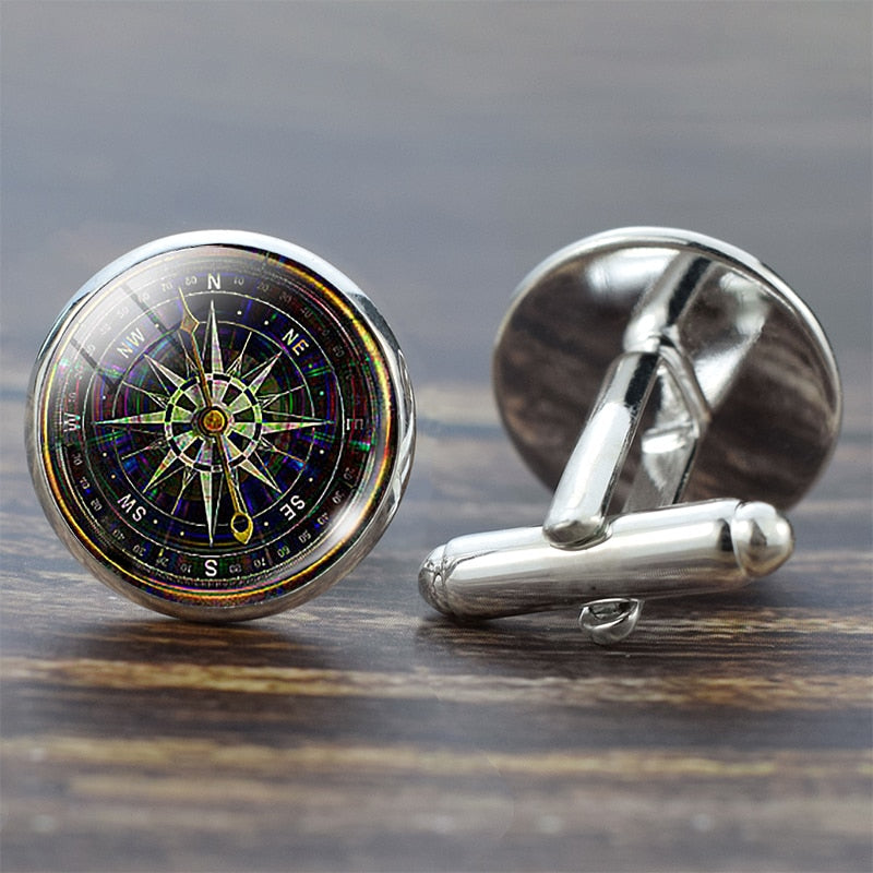 Compass Cuff Links Vintage Compass Clock Sailboat Pattern Alloy Cuff Links for Men Gift Glass Cabochon (It&#39;s Not A Real Compass)