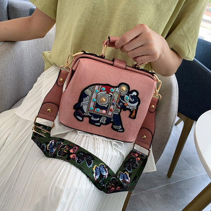 Vintage Embroidery Elephant Bag Bags Wide Butterfly Strap PU Leather Women Shoulder Crossbody Bag Tote Women's Handbags Purses