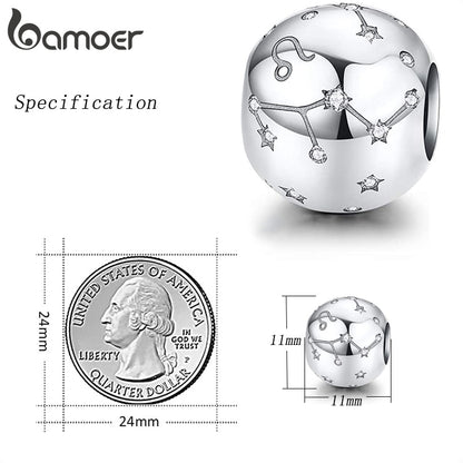 BAMOER Vintage 925 Sterling Silver Twelve Constellations Star Sign Zodiac Beads Charms fit Charm Bracelet Neckalce DIY