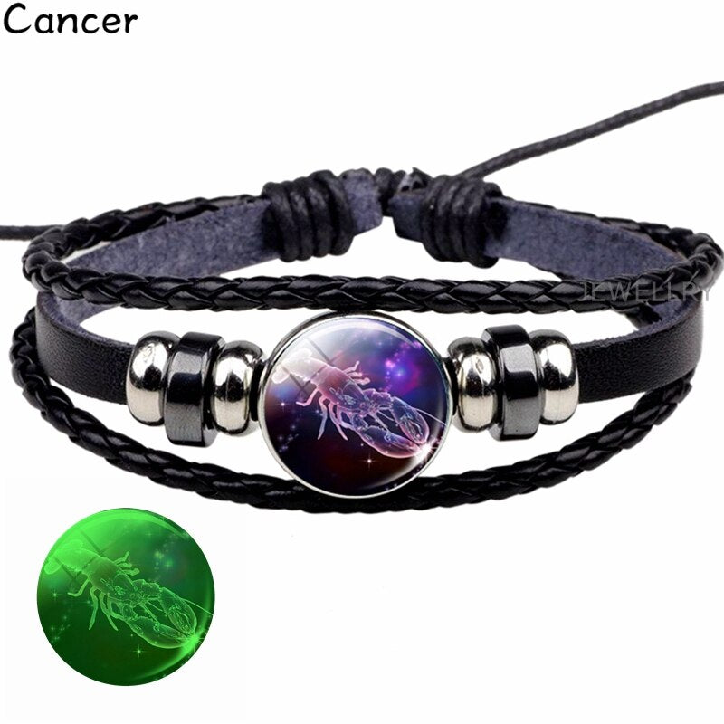 Glowing Constellation Bracelet Punk Luminous Jewelry Black Leather Woven Bracelet Glow In The Dark Zodiac Sign Luminous Bracelet