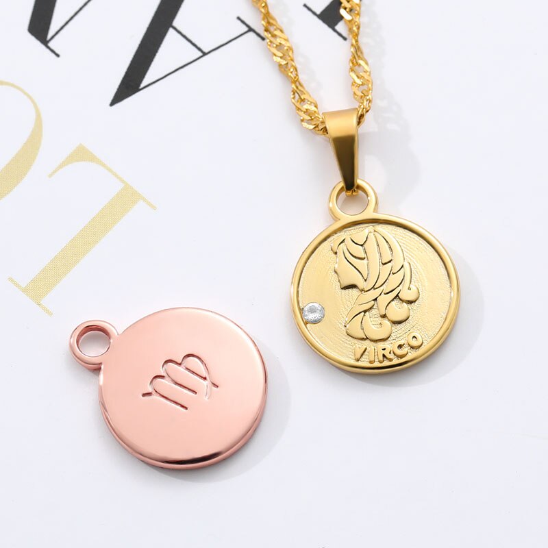 Round Coin Pendant Zodiac Sign Stainless Steel Minimalism Jewelry For Women Girl Aquarius Pisces Sagittarius Necklaces BFF