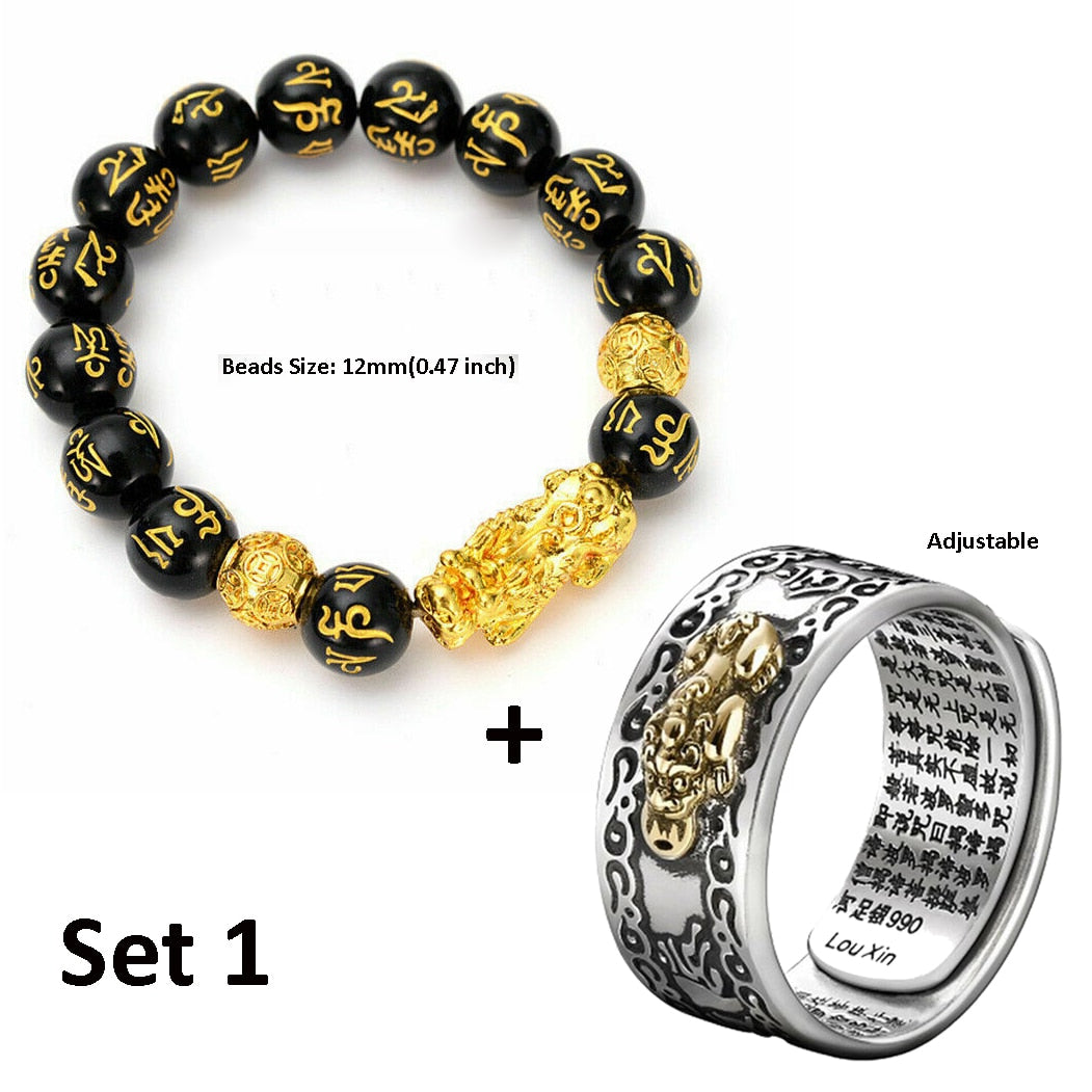 Black Pixiu Bracelet Ring Set Feng Shui Buddhist Bead Bracelet Obsidian Bead Bracelet Men&#39;s Women&#39;s Wealth Good Luck Accessories