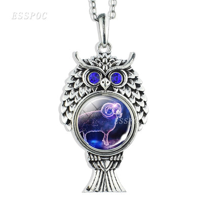 12 Constellations Signs Button Glass Cabochon Jewelry Pendant Cute Owl Shape Necklace Zodiac Birthdays Gifts for Women