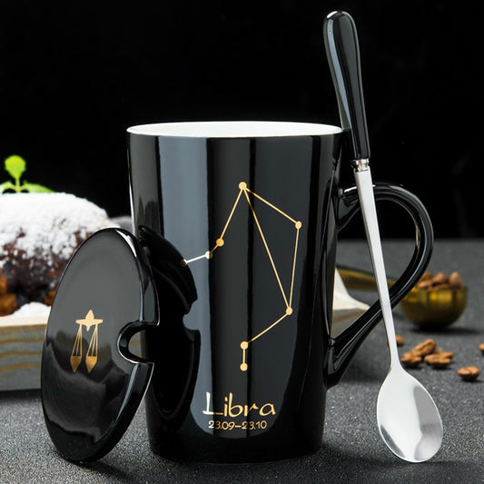 Ceramic Mugs 12 Constellations Creative Mugs With Spoon Lid Black Mug Porcelain Zodiac Milk Coffee Cup Drinkware Couples Gift