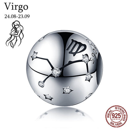 WOSTU 925 Sterling Silver Constellation Zodiac Bead Charm Aquarius Star Sign Fit Original Bracelet Women DIY Jewelry Party Gift