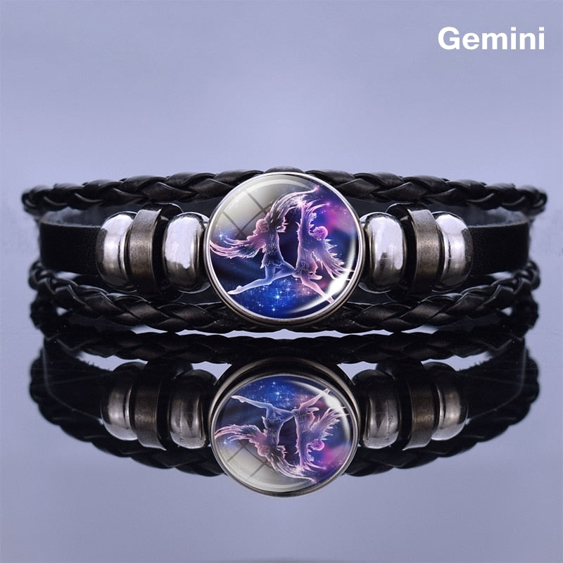 12 Zodiac Signs Glass Dome Leather Bracelet Fashion Jewelry for Couple Aries Taurus Leo Cancer Aquarius Pisces Bangle Bracelet