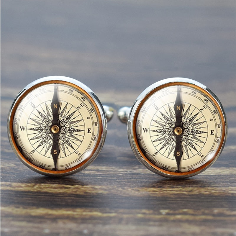 Compass Cuff Links Vintage Compass Clock Sailboat Pattern Alloy Cuff Links for Men Gift Glass Cabochon (It&#39;s Not A Real Compass)