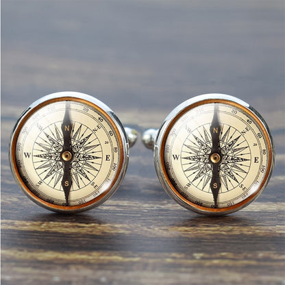 Compass Cuff Links Vintage Compass Clock Sailboat Pattern Alloy Cuff Links for Men Gift Glass Cabochon (It's Not A Real Compass)