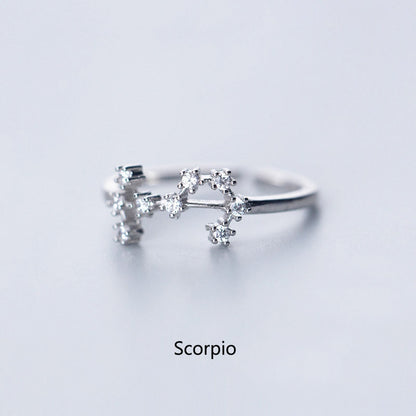 New Minimalist Inlaid Cubic Zircon 12 Constellation Zodiac Sign Rings for Women Simple Silver Color Adjustable Ring Jewelry Gift