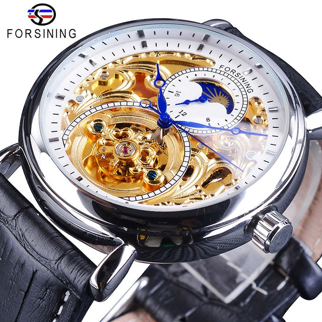 Forsining 2018 Royal Golden Skeleton Display Blue Hands Brown Genuine Leather Belt Mens Mechanical Wristwatches Clock Male