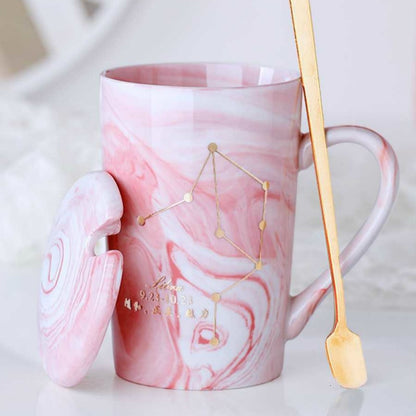 Natural Marble 12 Constellation Ceramic Pink Zodiac Mug With Lid Coffee Mugs Creative Personality Cup 380ml Cups And Mugs Xicara