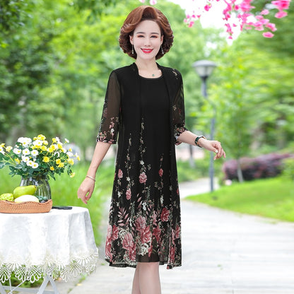 summer Net yarn 2 piece set dress cardigan women 4xl 5xl party midi flower dresses elegant vintage robe femme 2021