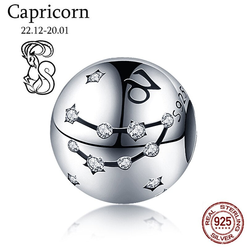 WOSTU 925 Sterling Silver Constellation Zodiac Bead Charm Aquarius Star Sign Fit Original Bracelet Women DIY Jewelry Party Gift