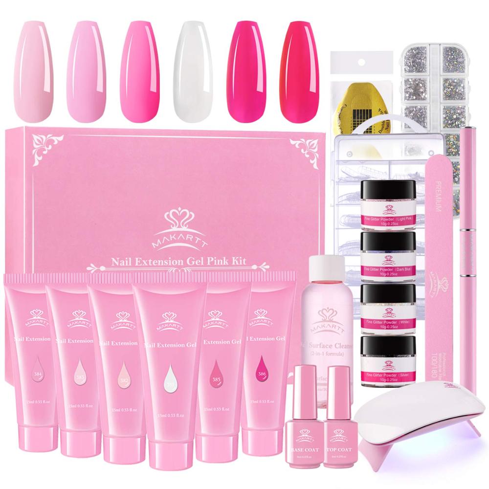 Makartt Pink Poly Nail Gel Kit, Nail Extension Gel  Kit Nail Enhancement Gel with Slip Solution &amp; LED UV Nail Lamp Base Top Coat