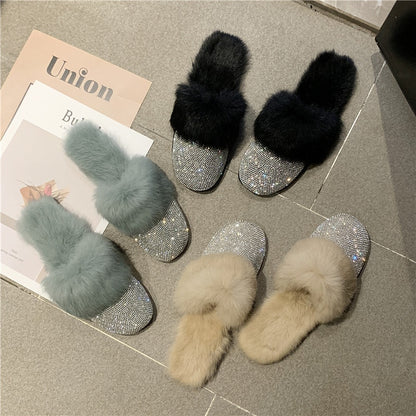 Big Size Slippers Female Ladies Designer Shoes Women Luxury 2023 Rhinestone Fur Crystal Slides Mules Slippers Furry Lady Shoes