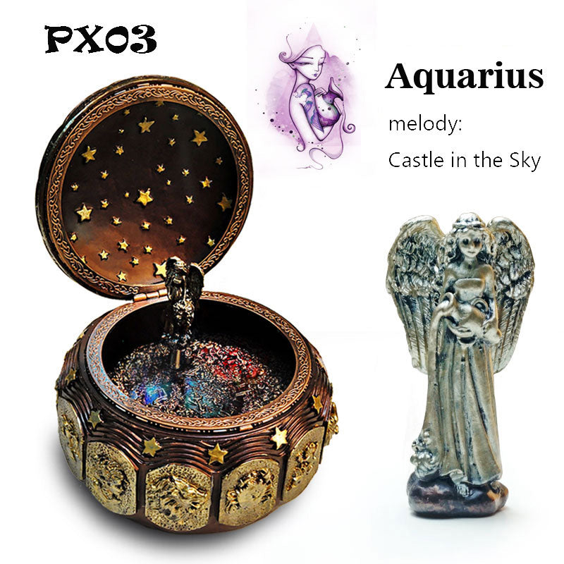 Retro Zodiac 12 Signs Music Box Manual Arts 12 Constellation Musical Boxes with Led Flash Lights Valentine's Day Birthday Gift