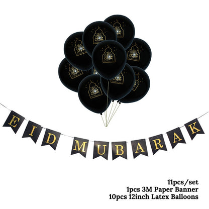 EID Mubarak Golden Banner Balloon Set Disposable Tableware Kit Black Tablecloth Ramadan Kareem Party Supplies Home Decoration