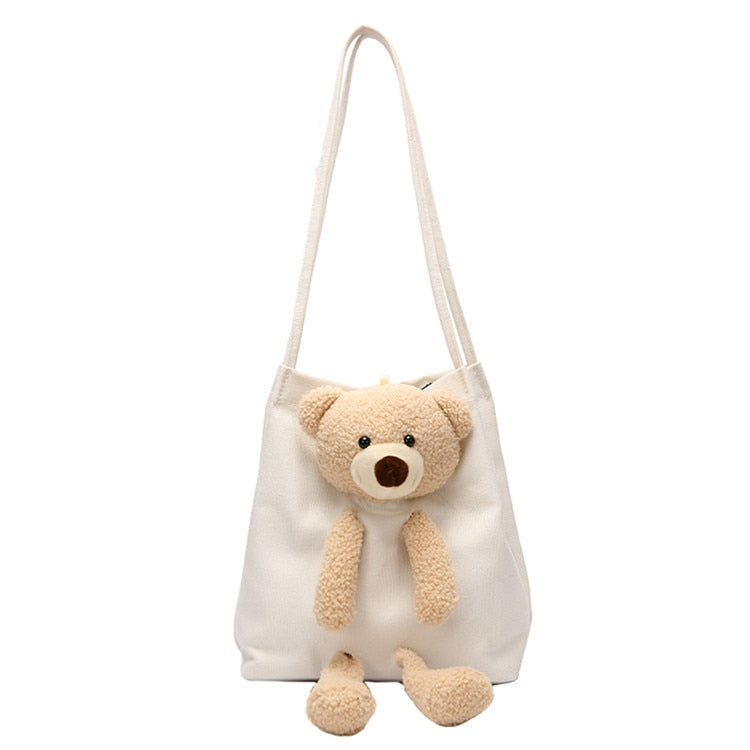 Cute Bear Women Canvas Handbags All-match Ladies Shoulder Bag Female Eco Reusable Shopping Bags Large Capacity Girls Casual Tote