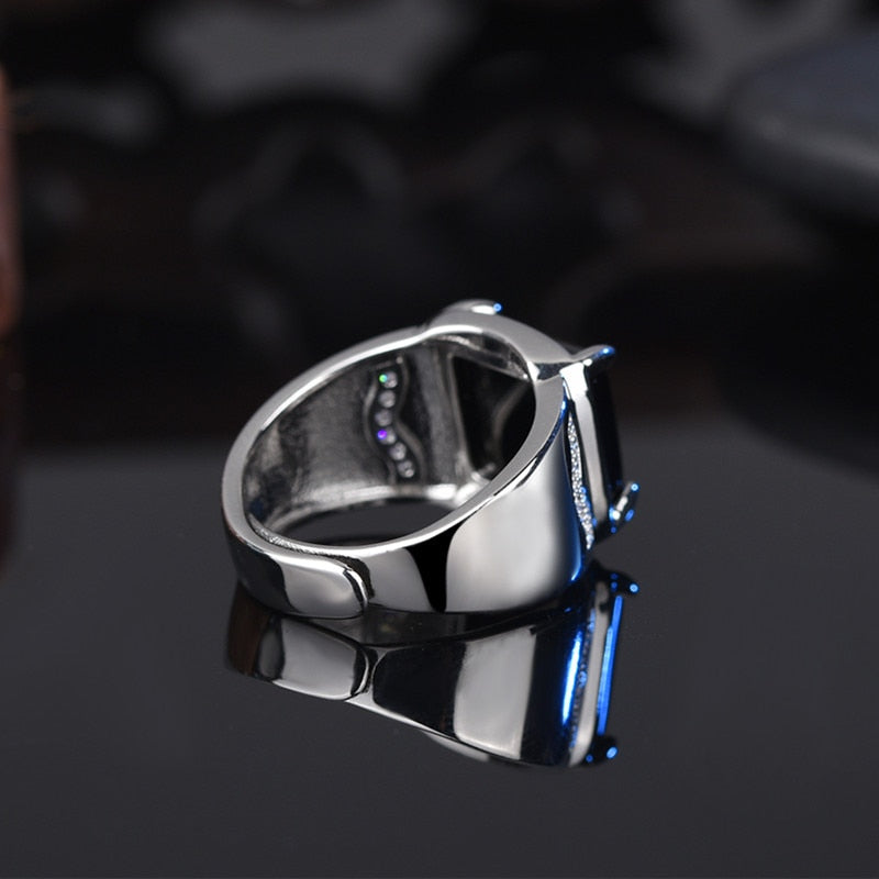 Trendy Men Ring Silver 925 Jewelry Accessories with Obsidian Zircon Gemstone Open Finger Rings for Wedding Engagement Party Gift