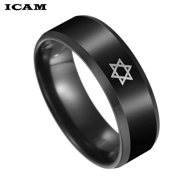 ICAM Black Star of David Ring Men Religious Judaism Israel Jewish Jewelry Men Ring Stainless Steel Obsidian David Star Rings