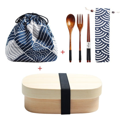 Wooden Lunch Box Picnic  Japanese Bento Box for School Kids Dinnerware Set with Bag&amp;Spoon Fork Chopsticks Round Square Lunch Box