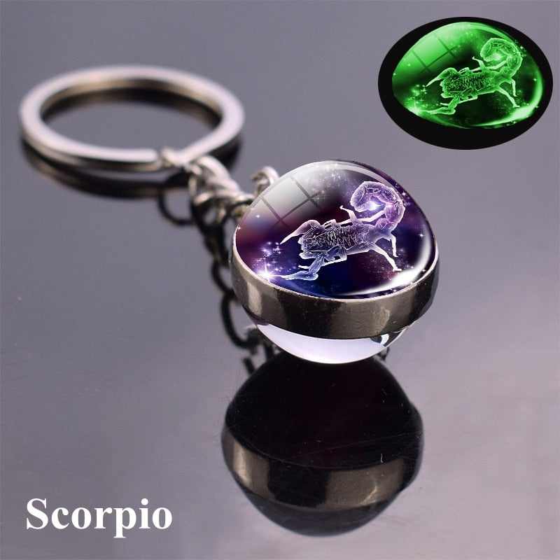 12 Constellation Luminous Keychain Glass Ball Pendant Zodiac Keychain Glow In The Dark Key Chain Holder Men Women Birthday Gift